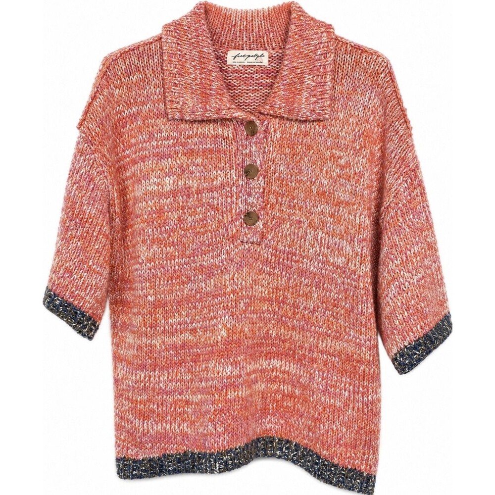NWT Free People On The Roll Polo Sweater XS Pink Marled Oversized Knit $128